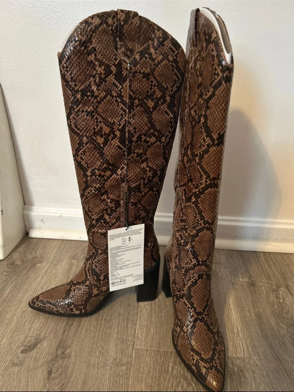 Brown Snake-Print Knee-High Boots - Women's Block Heel Fashion Boots